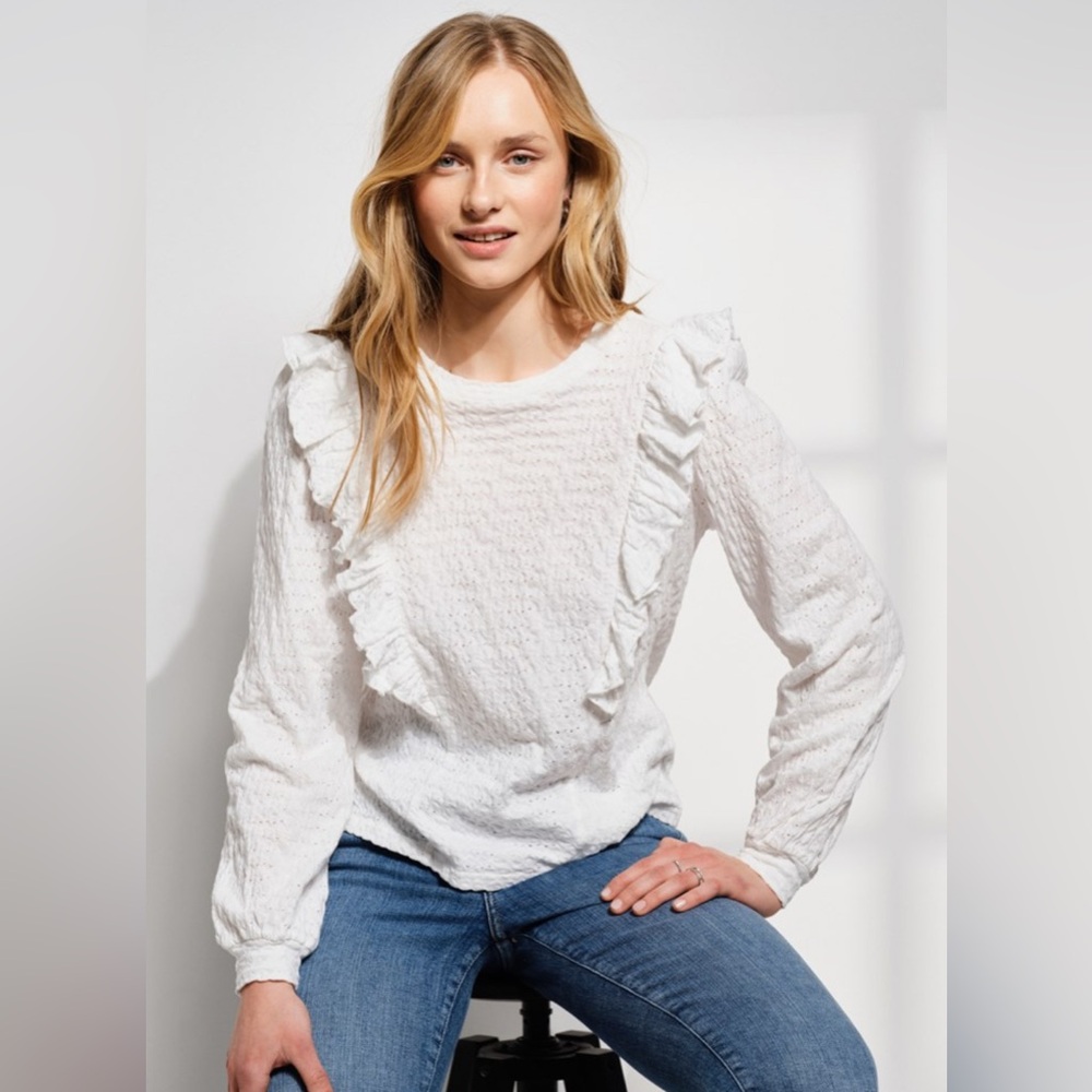 J Crew Women’s Long Sleeves Ruffle 100% Cotton Polyester Top Ivory Blouse XS